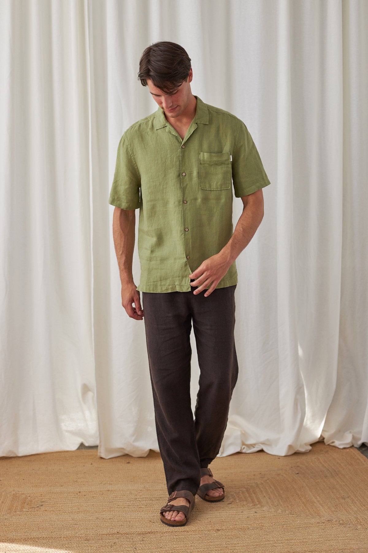 meta-hover, sage green men’s linen shirt
