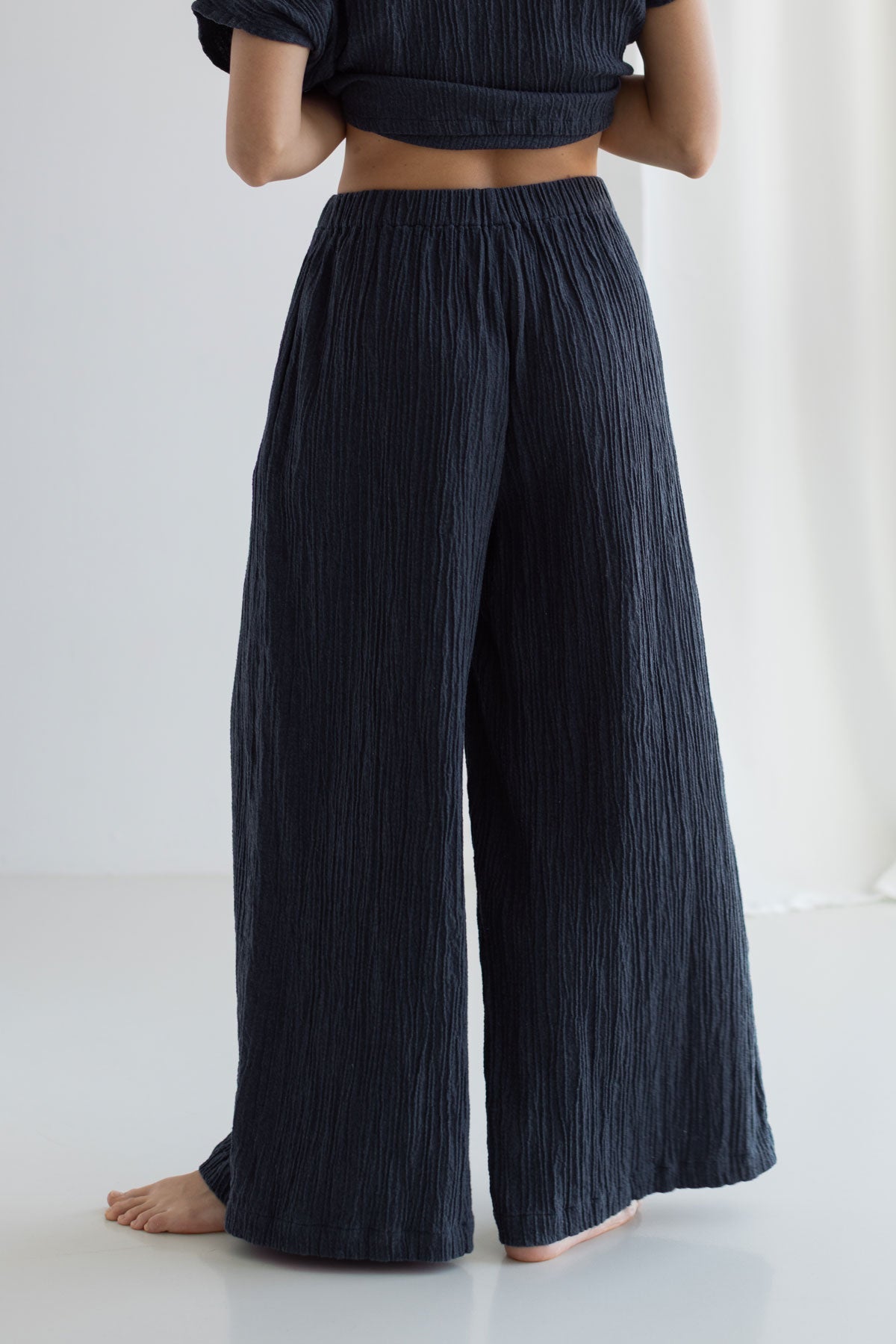Dusty blue wide leg pants women wear view back