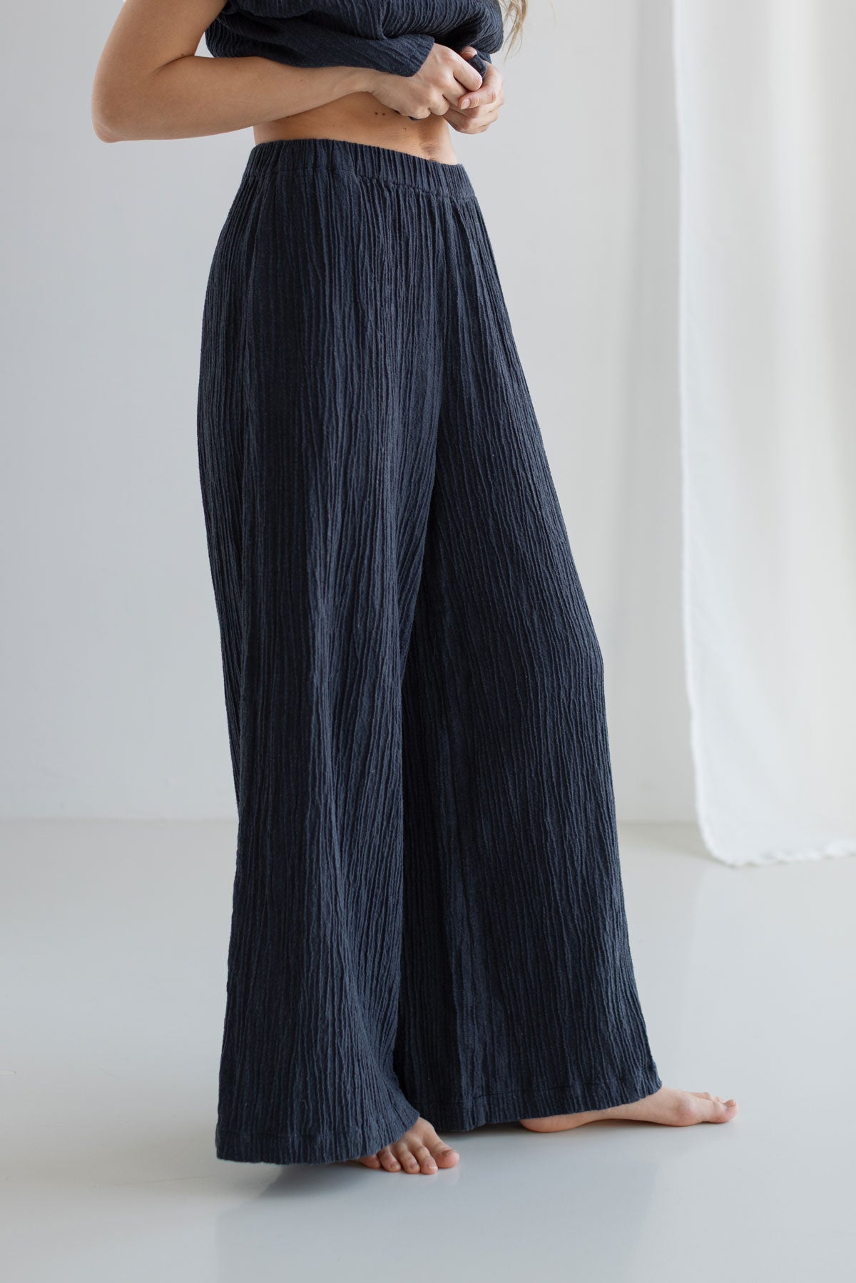 Dusty blue wide leg pants women wear view front