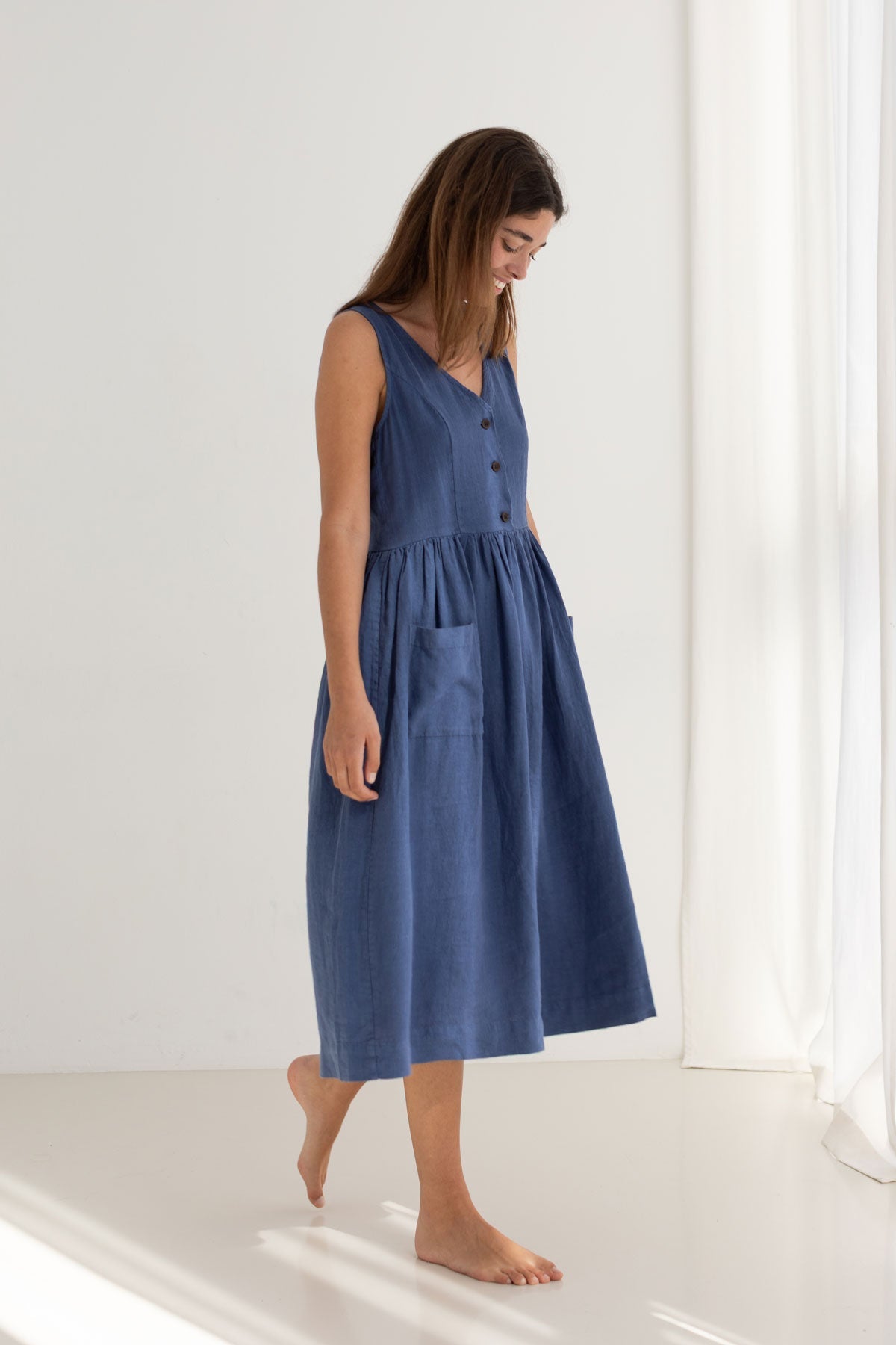 Blueberry linen dress women full body view side