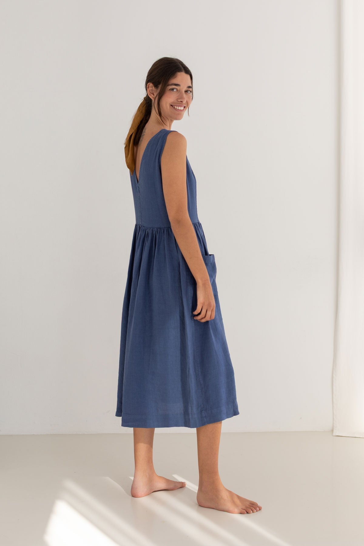Blueberry linen dress women full body view back