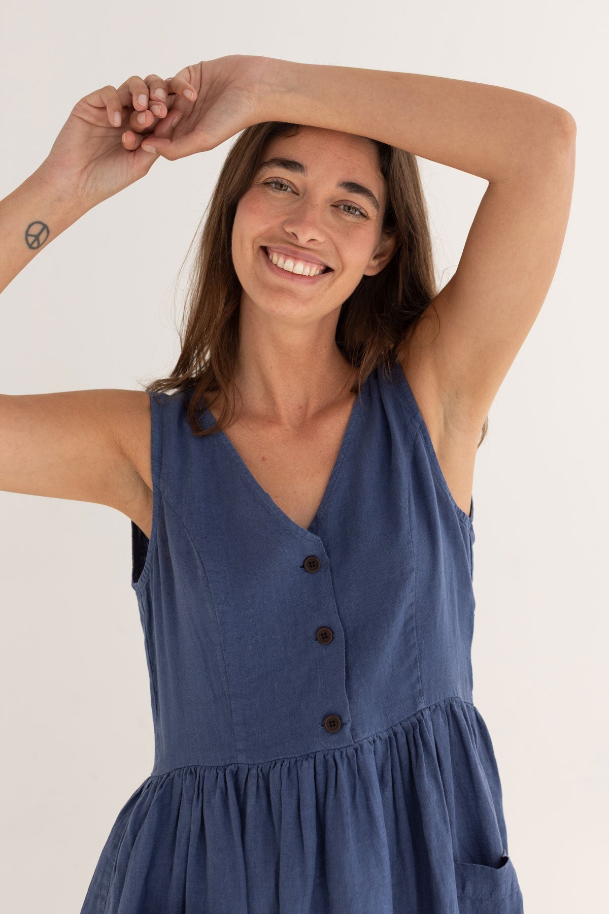 Blueberry linen dress women wear view front