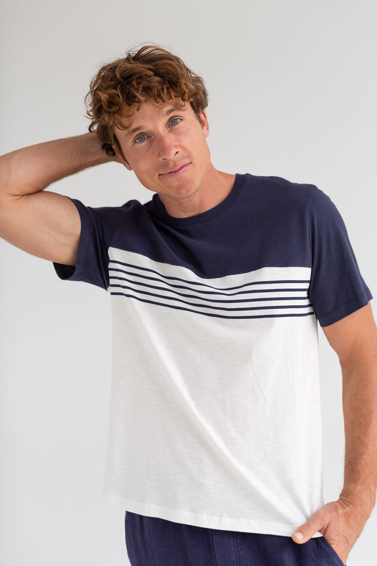 Navy round neck tshirt men blue pants wear
