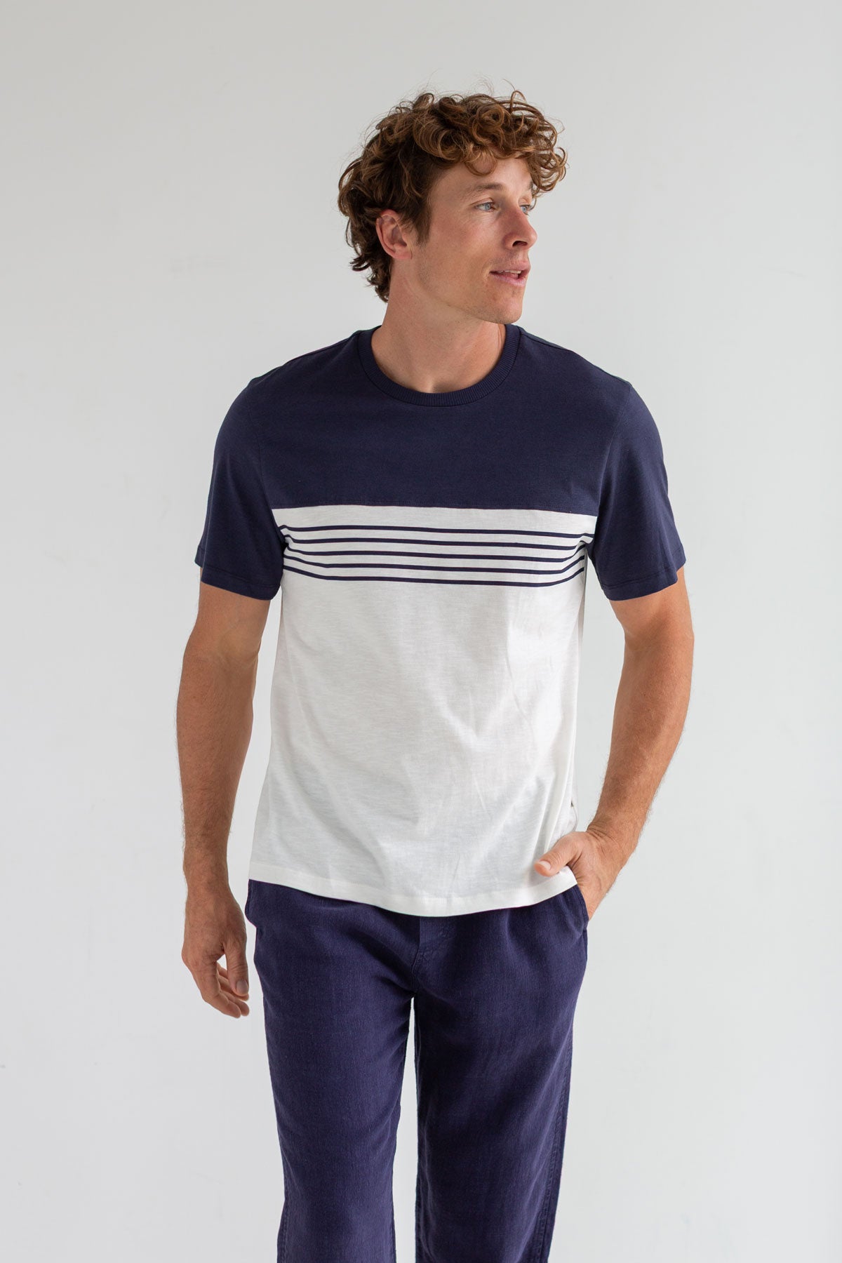 Navy round neck tshirt men blue pants full body view front