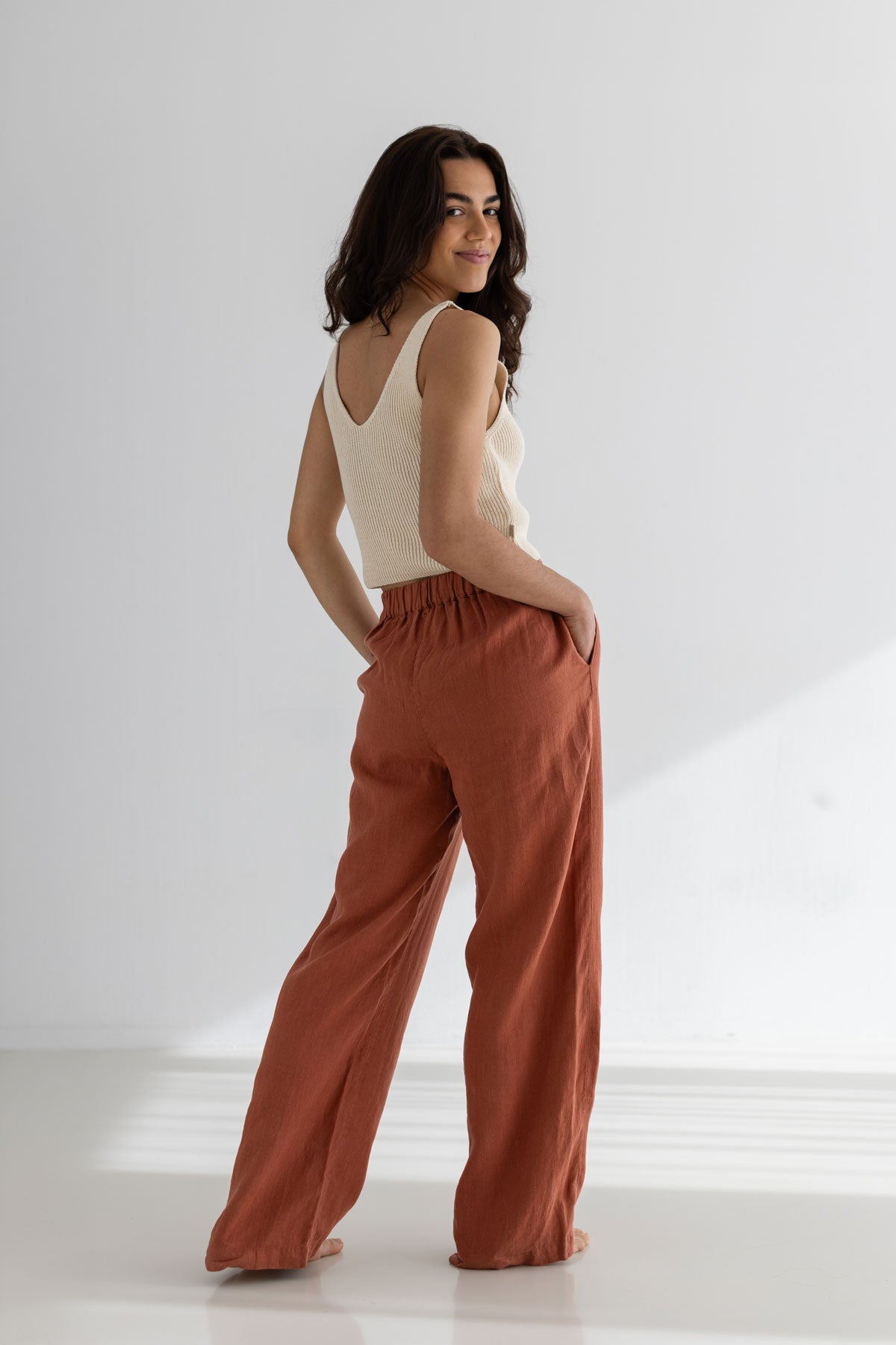 Sienna linen pants women ecru top full body view back