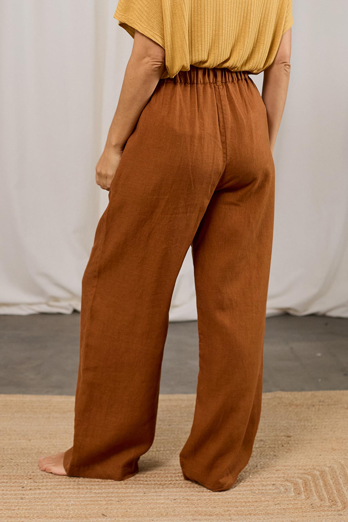 breathable, roomy leg brown linen trousers