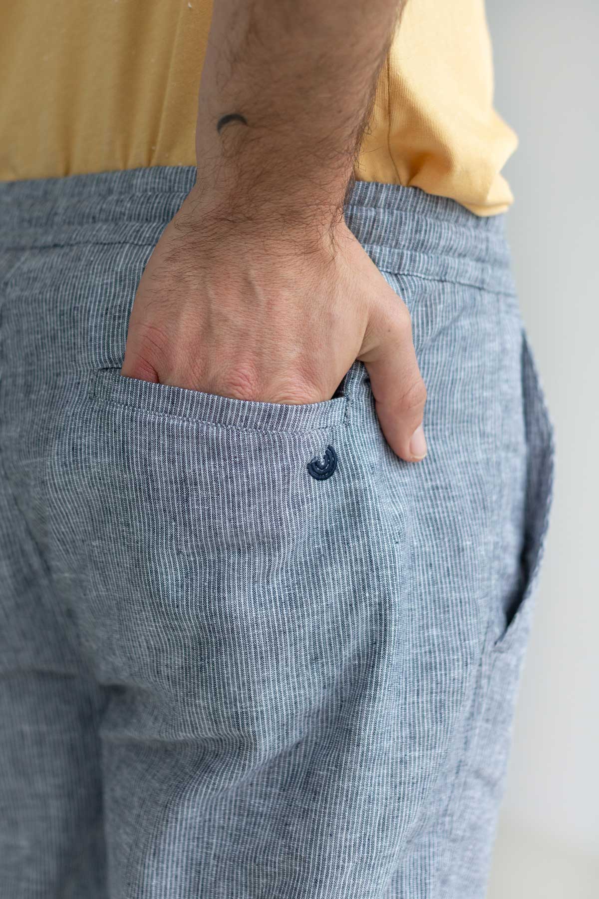 Navy stripes straight leg pants detail back pocket
