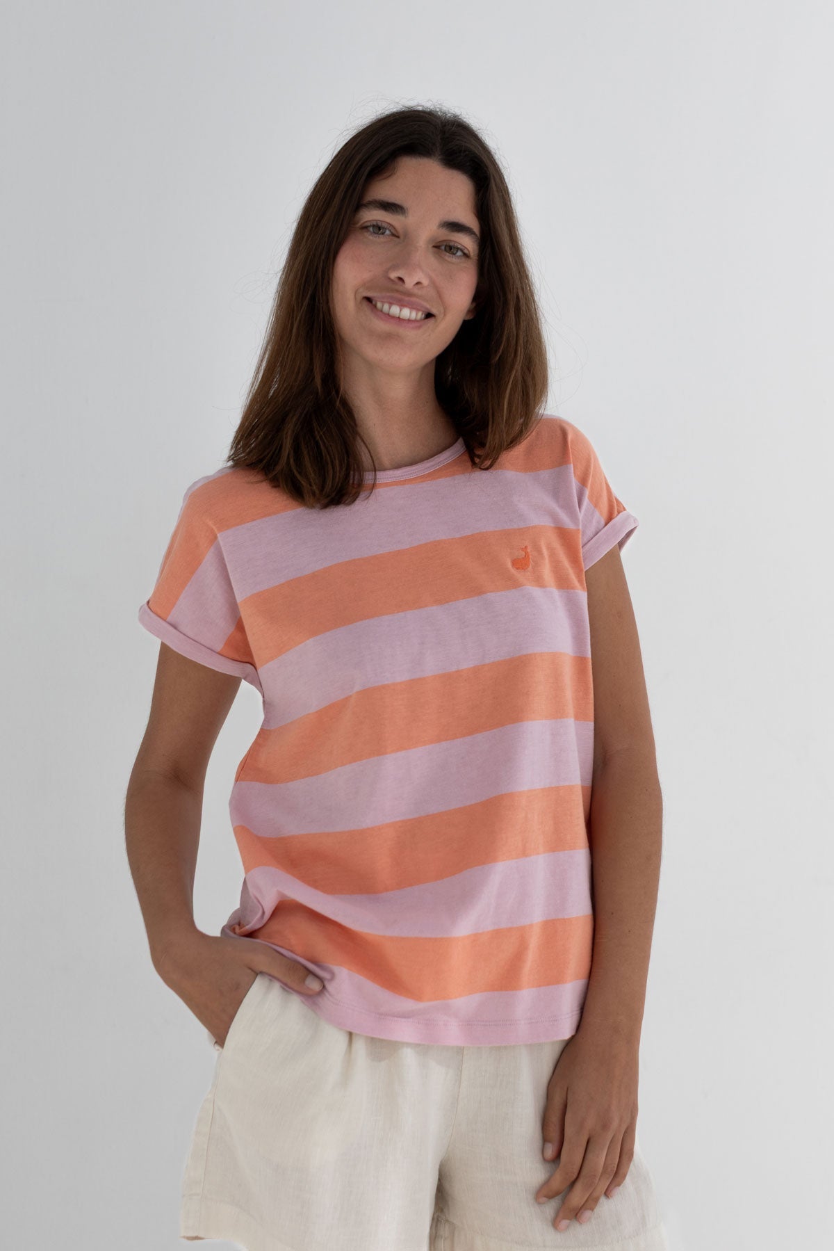 Orange pink organic cotton top women white shorts wear view front