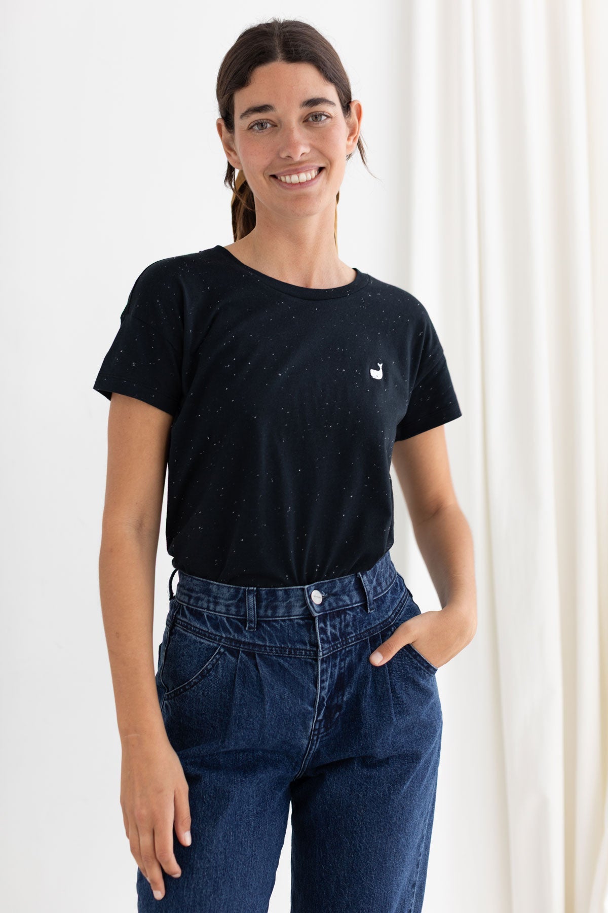 embroidered whale on black organic cotton tee neps
