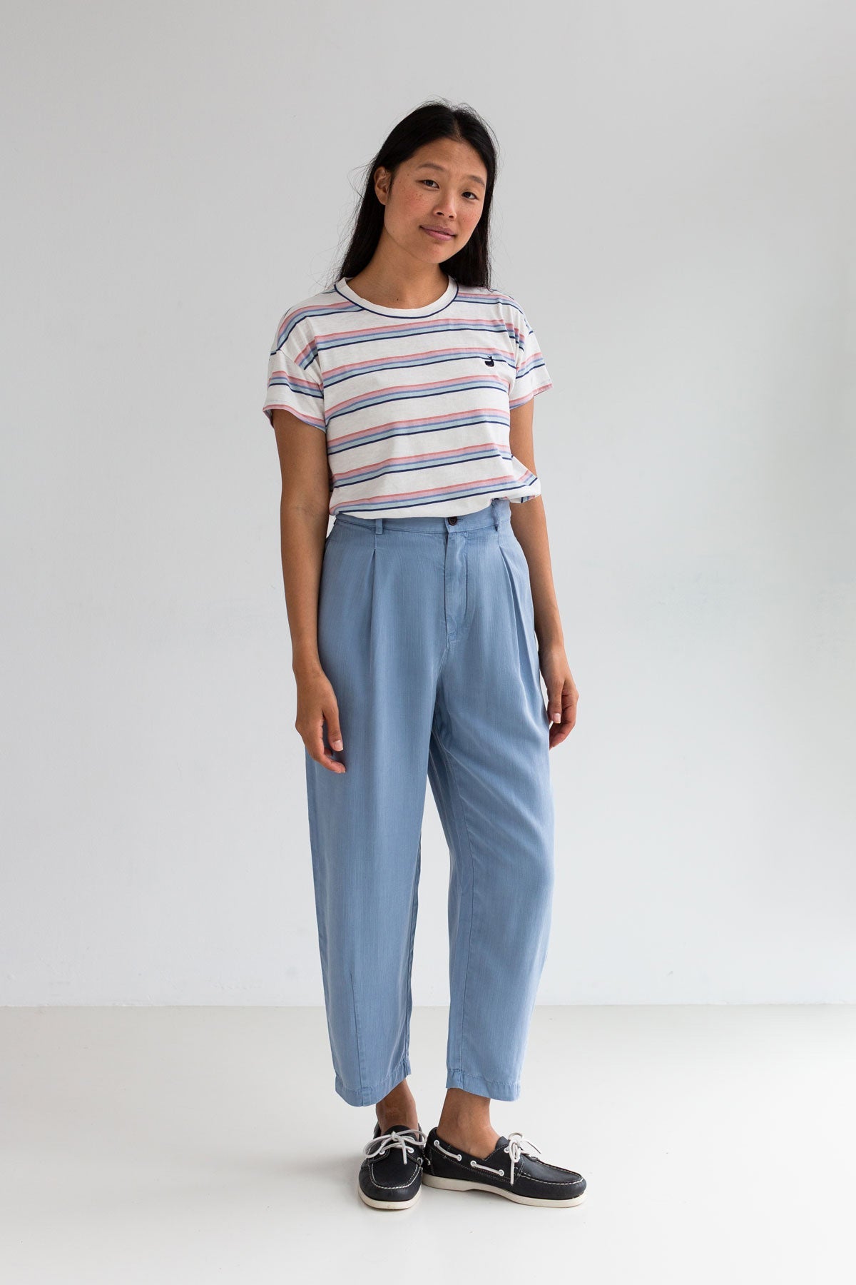 Multicolour stripes organic cotton top women light blue pants full body view front