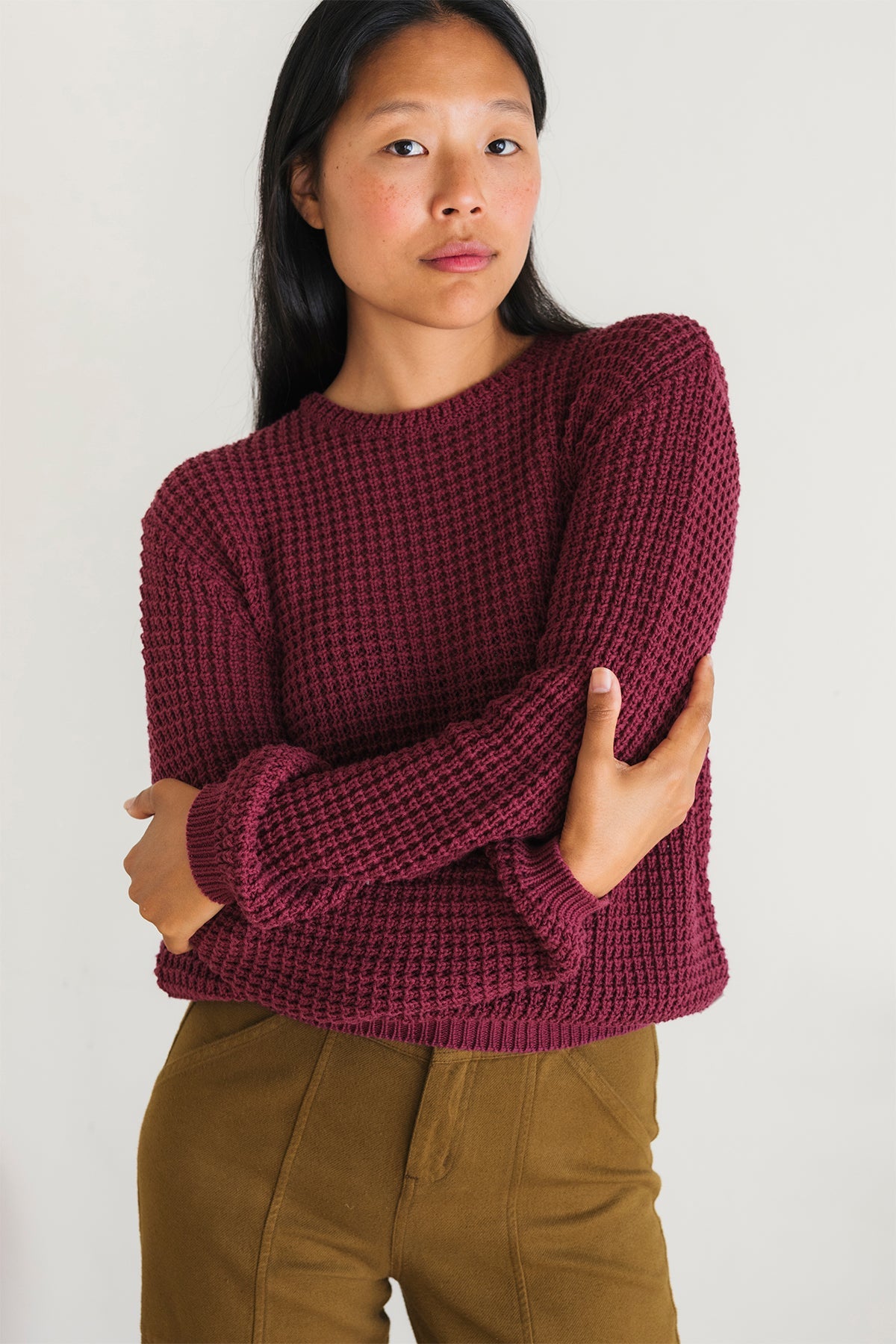 meta-preview, lightweight openwork cranberry knit for women