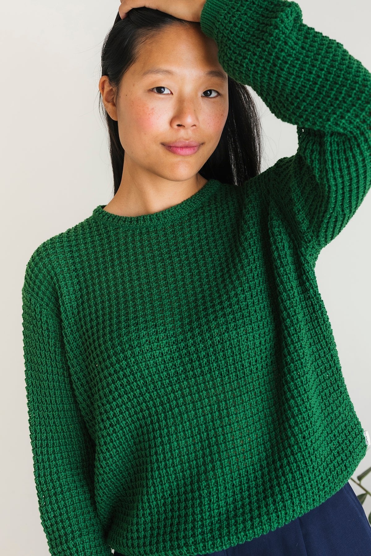 meta-preview, lightweight openwork green knit for women