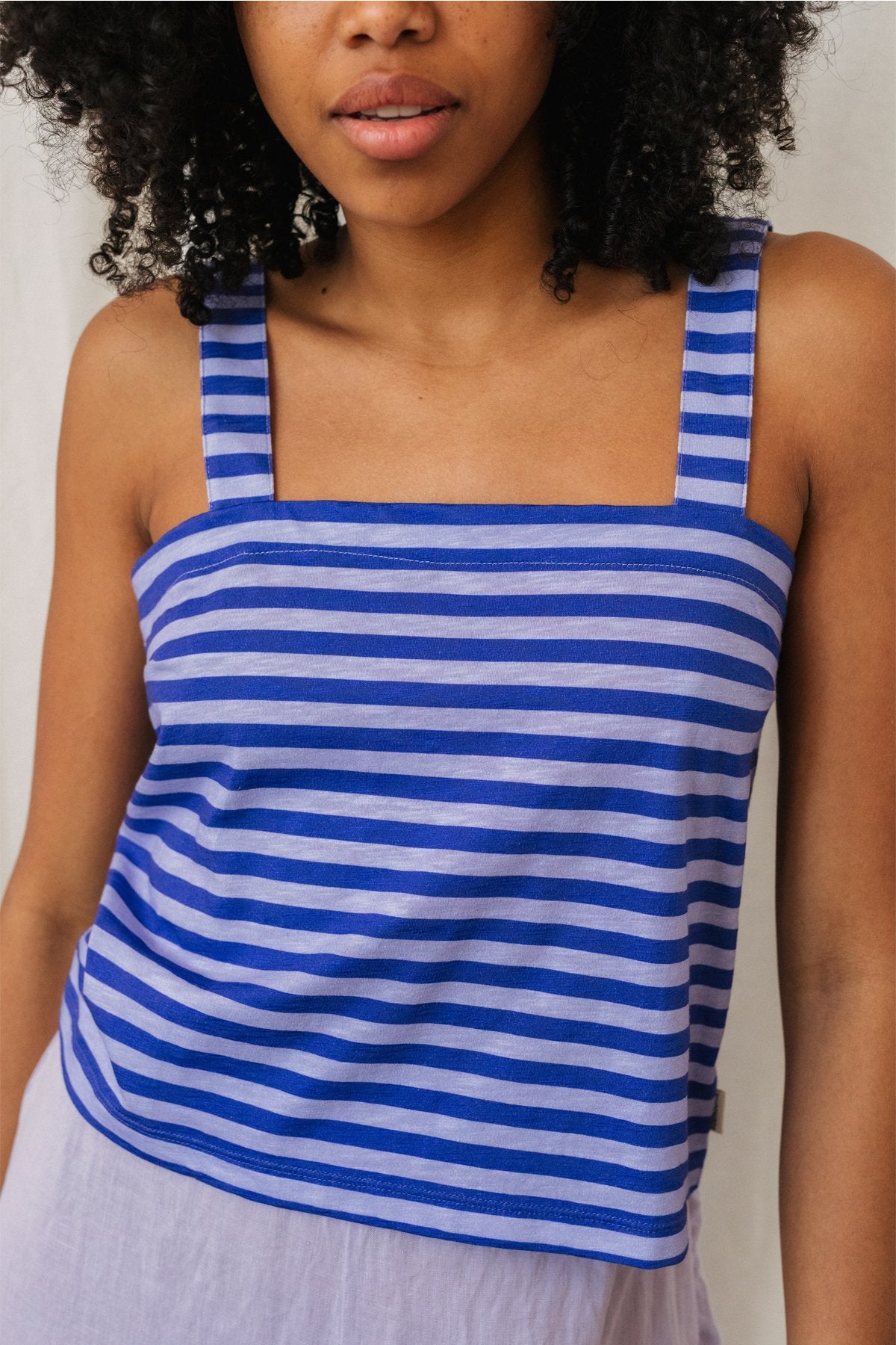meta-hover, purple striped organic cotton top