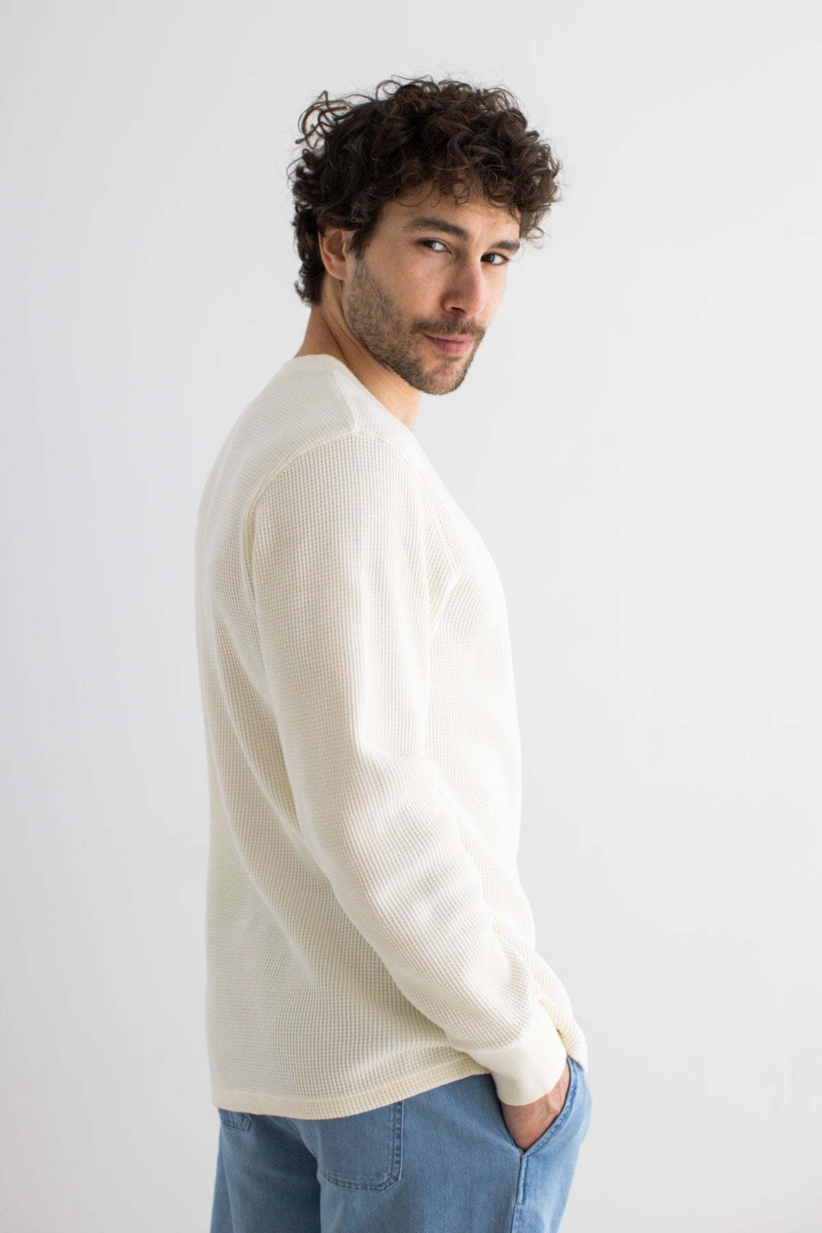 Ecru waffle sweatshirt men wear view side