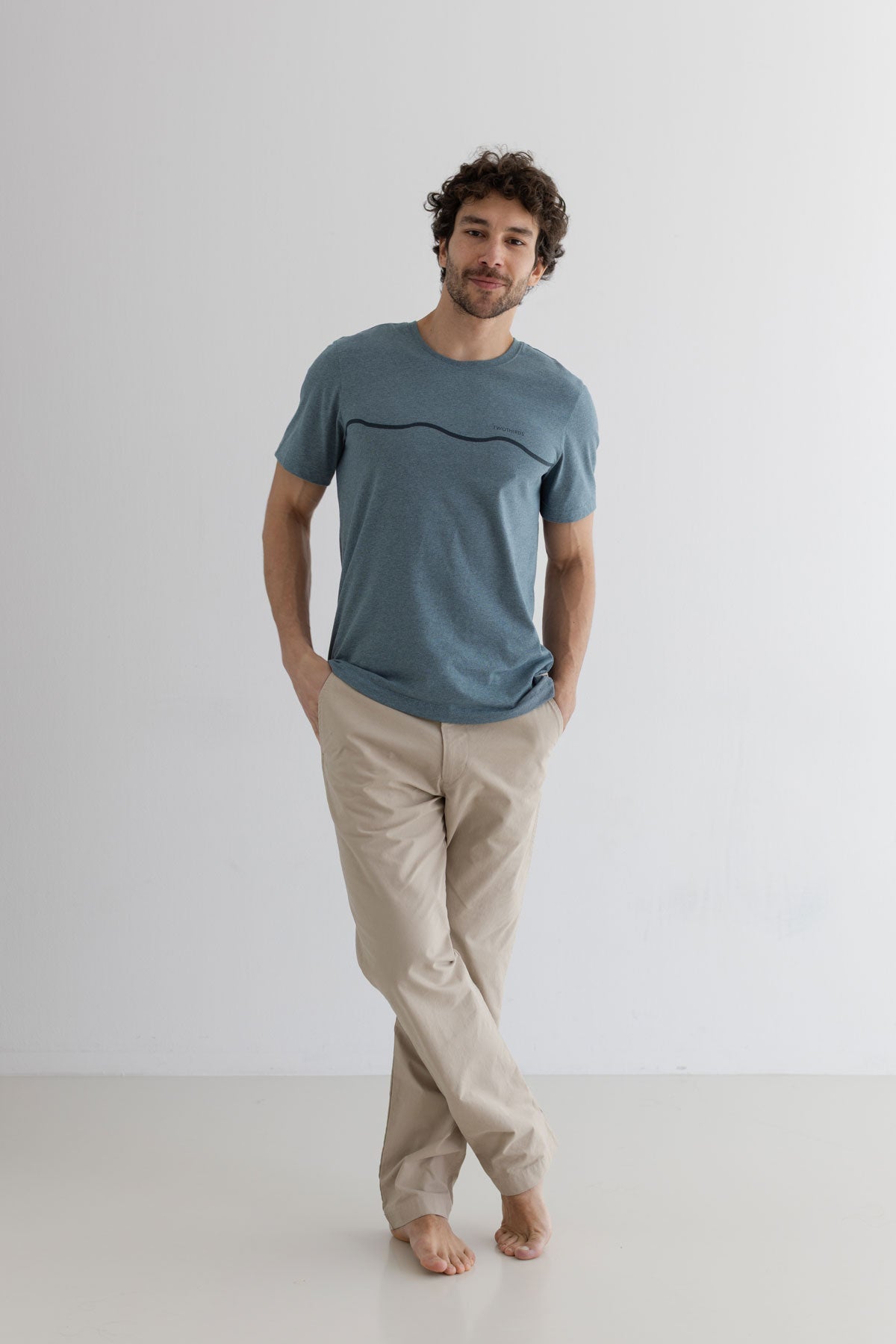 Feather grey Organic cotton canvas pants men grey tshirt full body view front