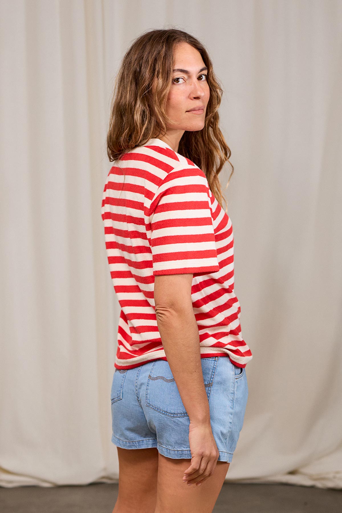 comfortable red striped tee with sustainable materials