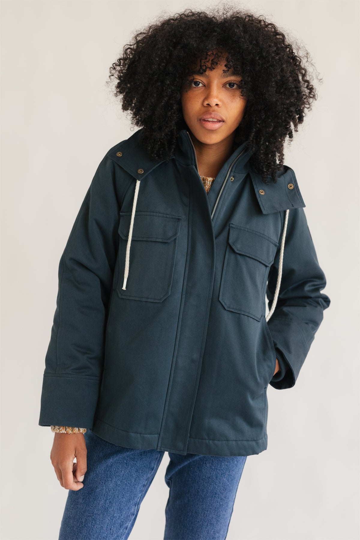 meta-hover, organic cotton blue jacket