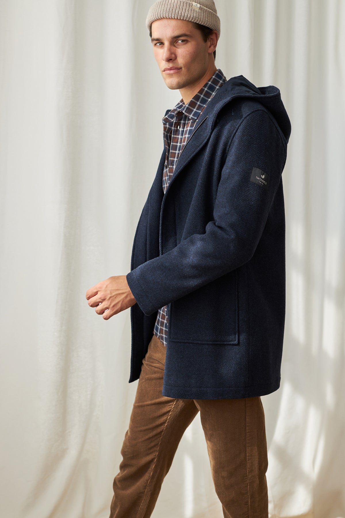 navy wool hooded jacket for men