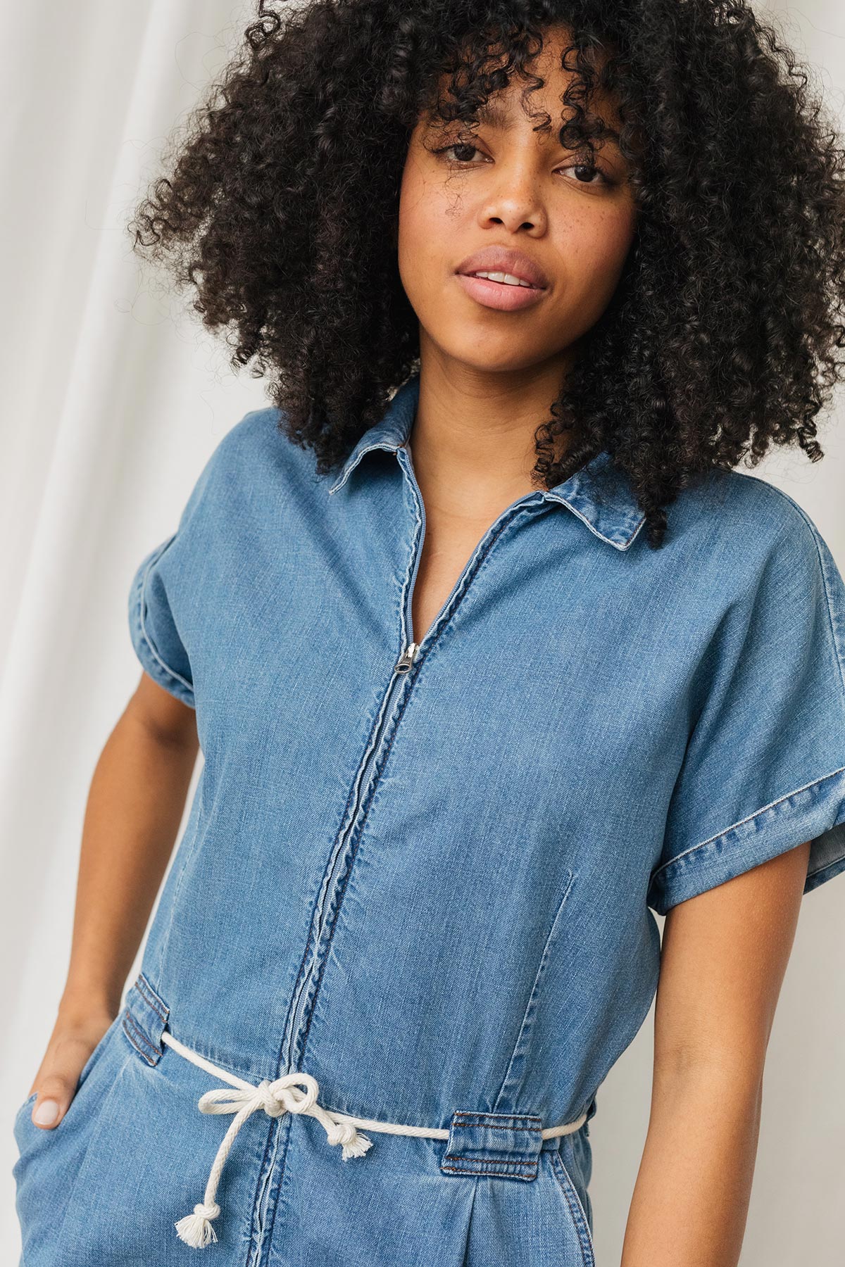 meta-preview, organic denim jumpsuit with pockets