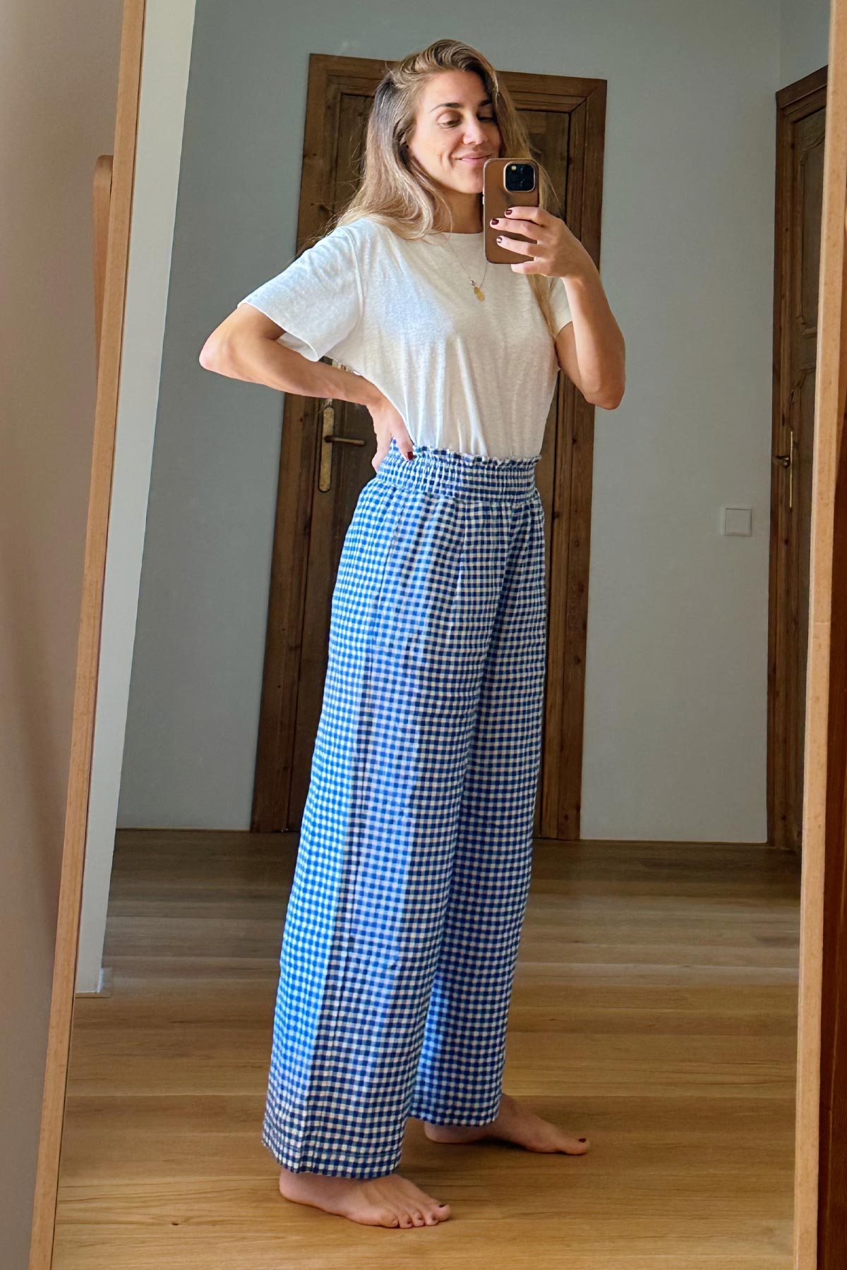 Vichy patterned linen trousers