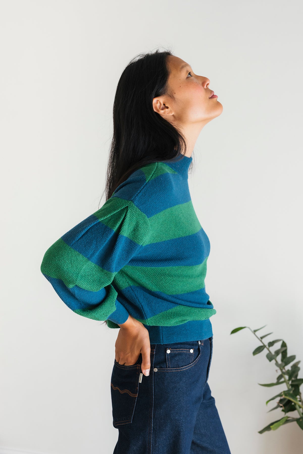 high ribbed neckline and balloon sleeves knit