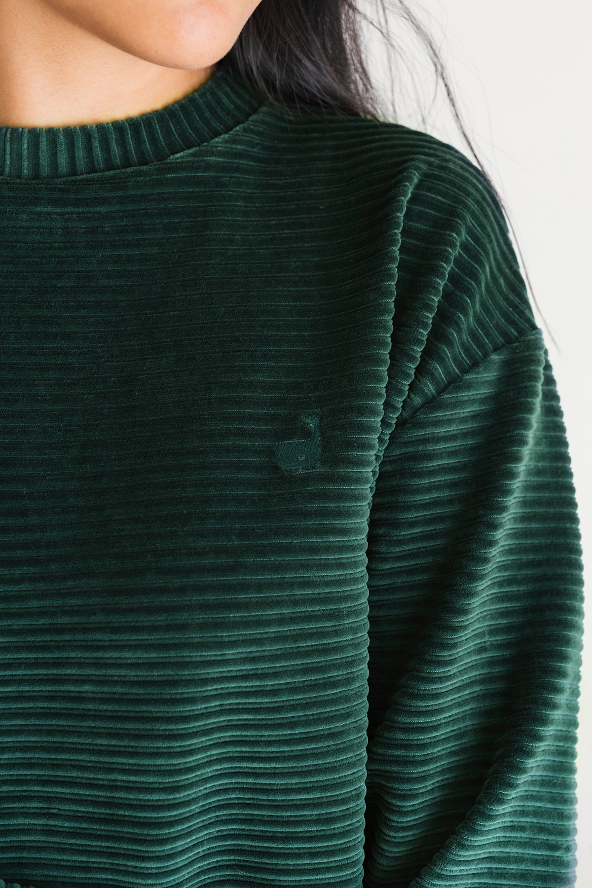 meta-preview, ribbed velour green sweatshirt with embroidered whale