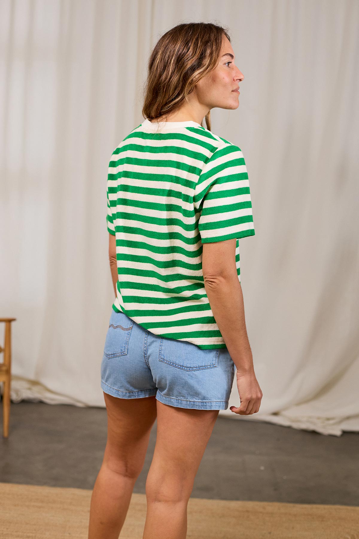 comfortable green striped tee with sustainable materials