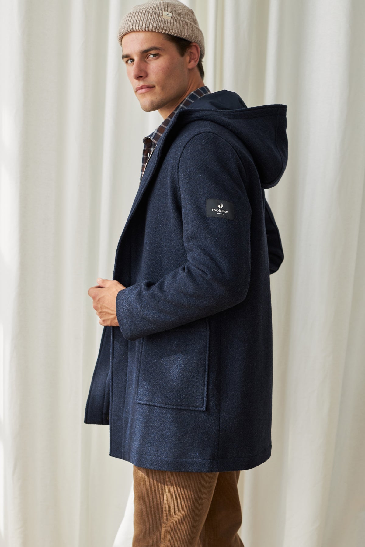 warm wool jacket with hood for men