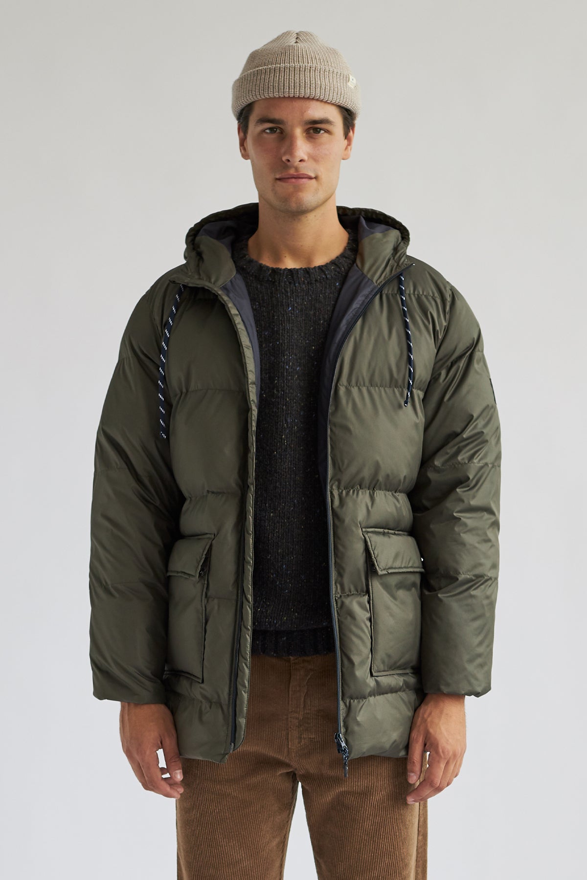 below waist padded green jacket