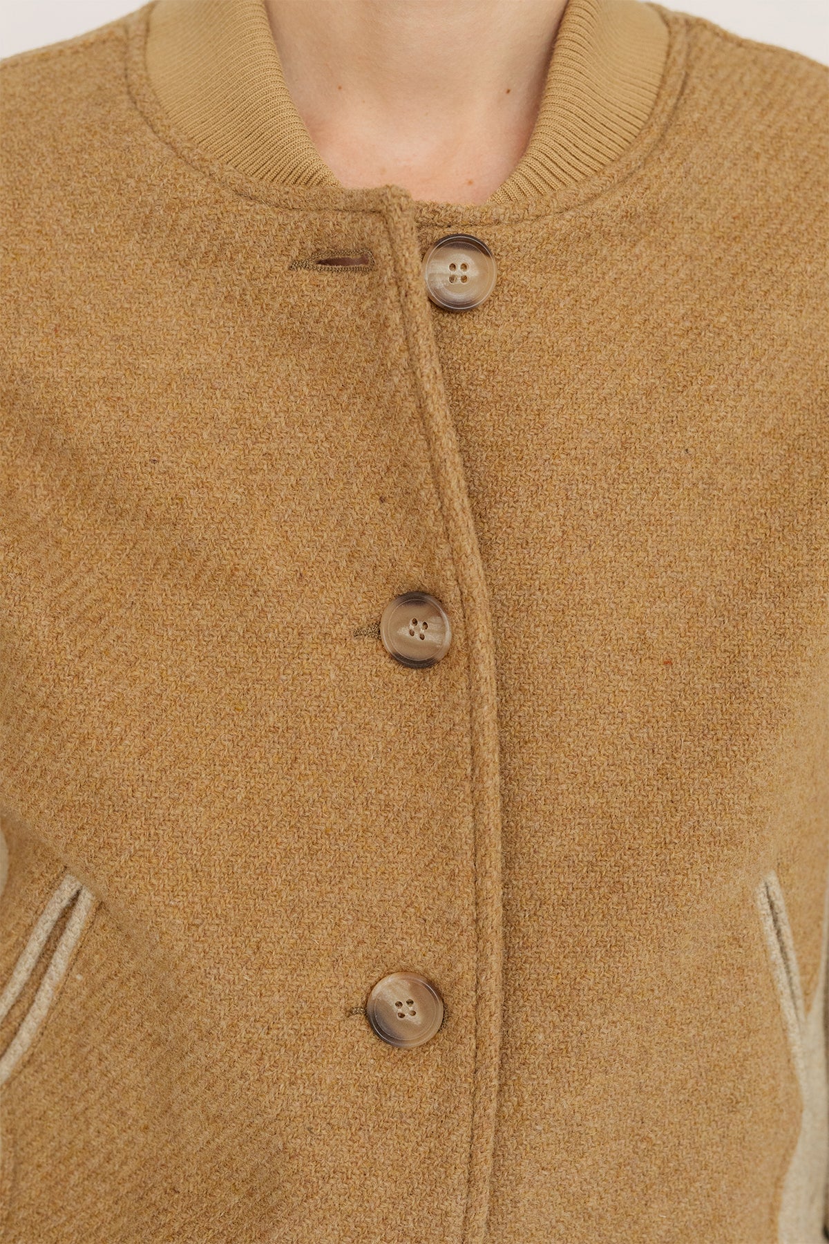 meta-hover, buttoned fine wool bomber