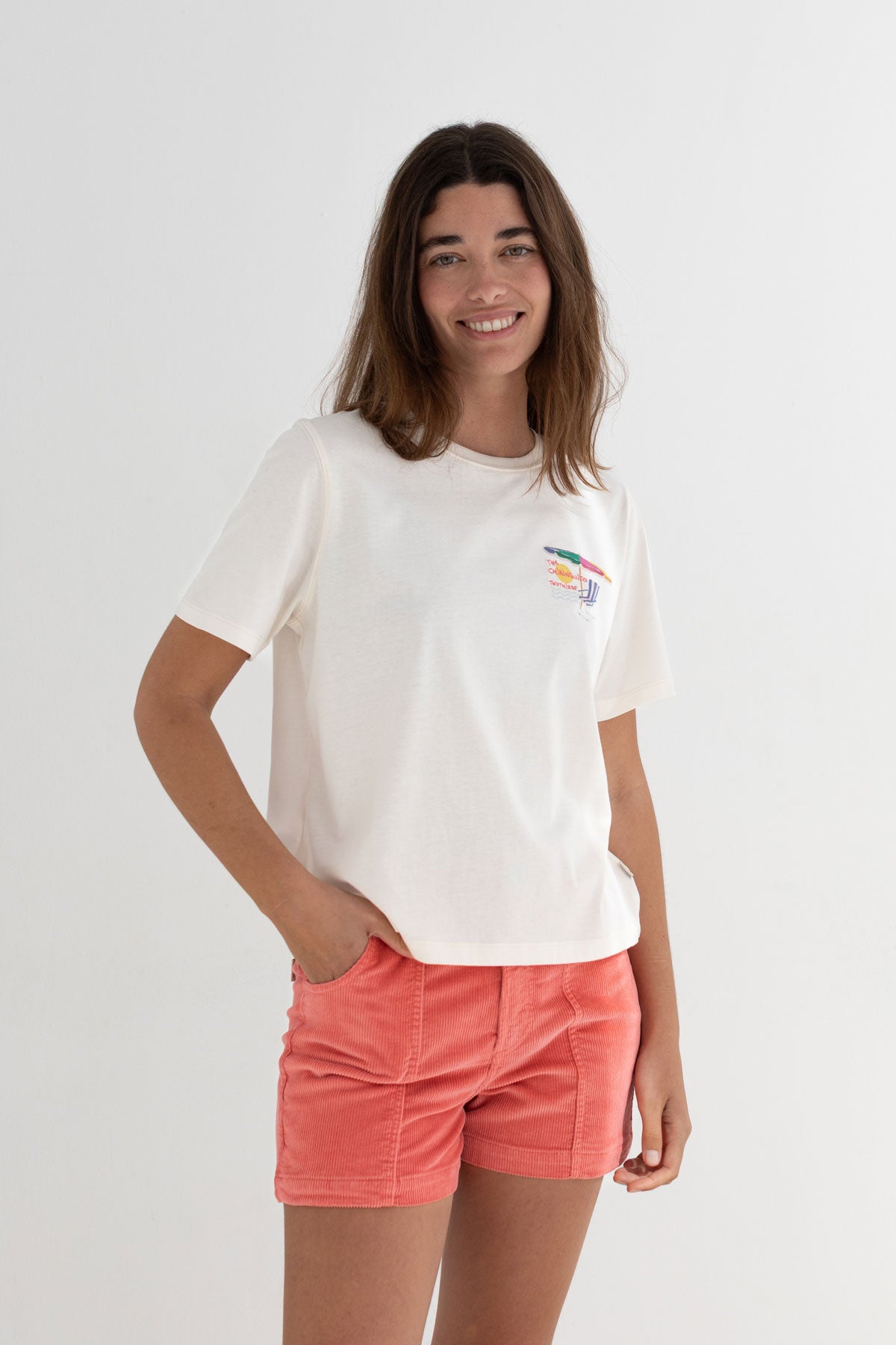 Off white cotton top women coral shorts wear view front