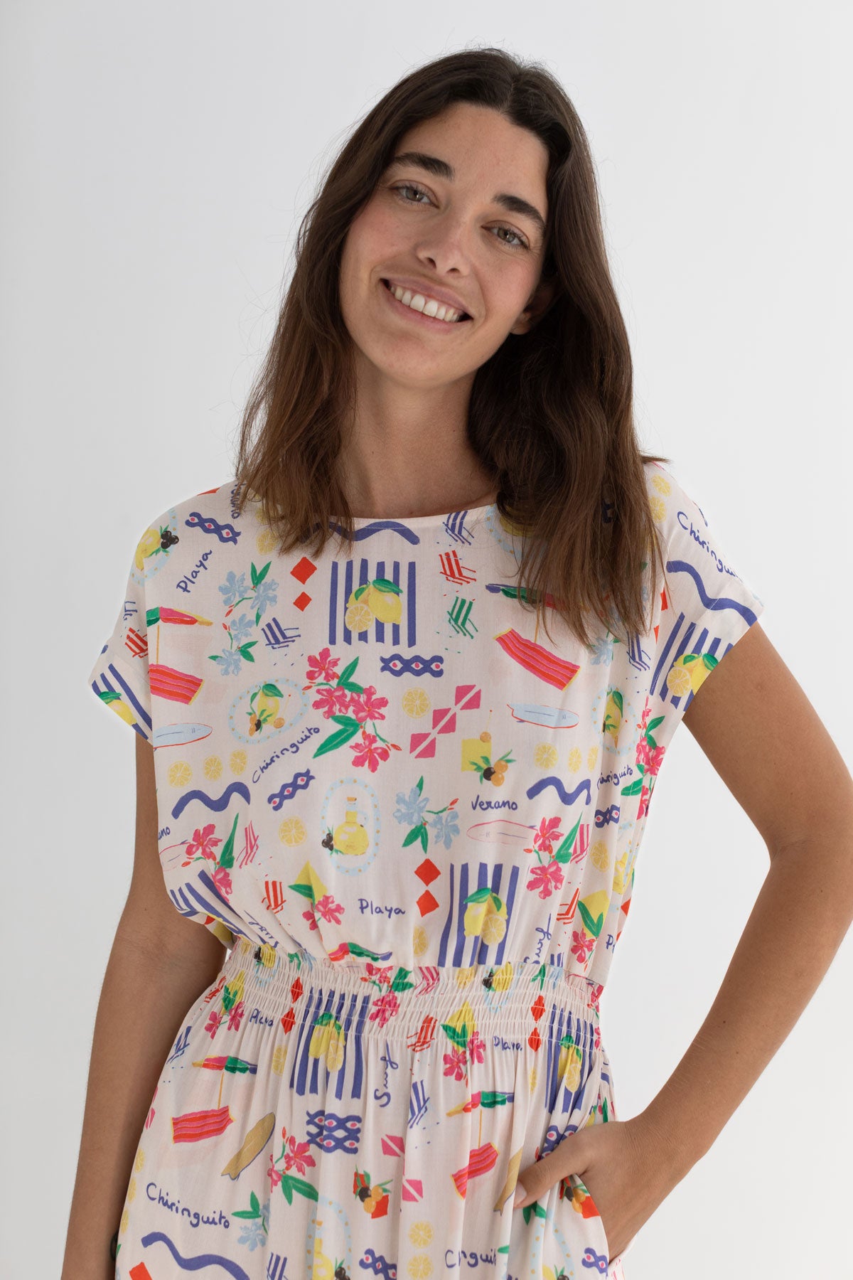 Patterned viscose dress women wear view front
