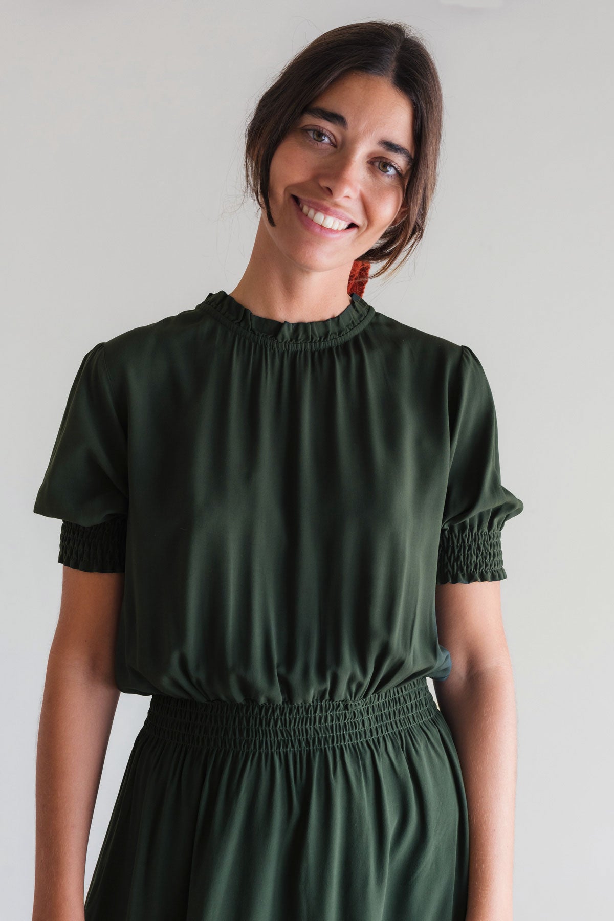 Dark green smocked waist dress