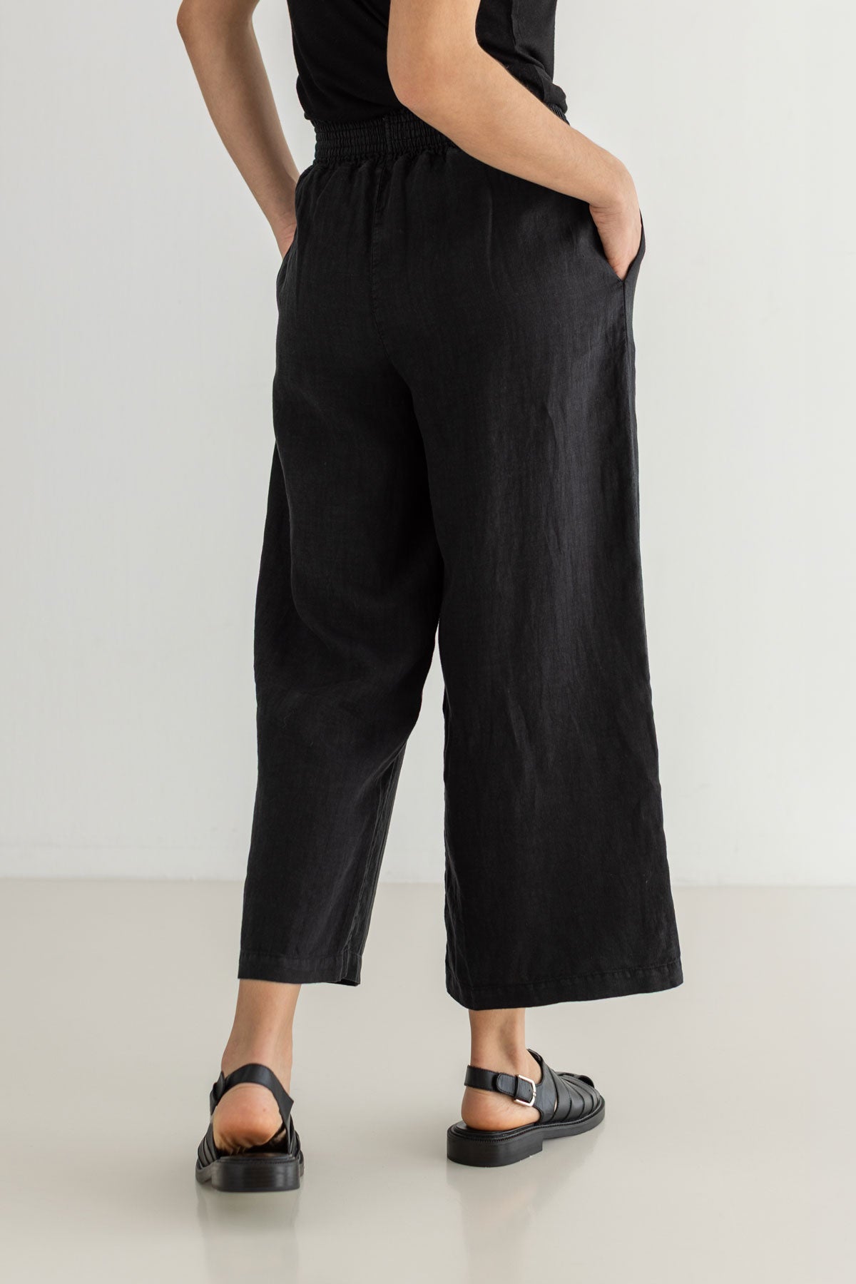 Black linen pants women black top wear view back