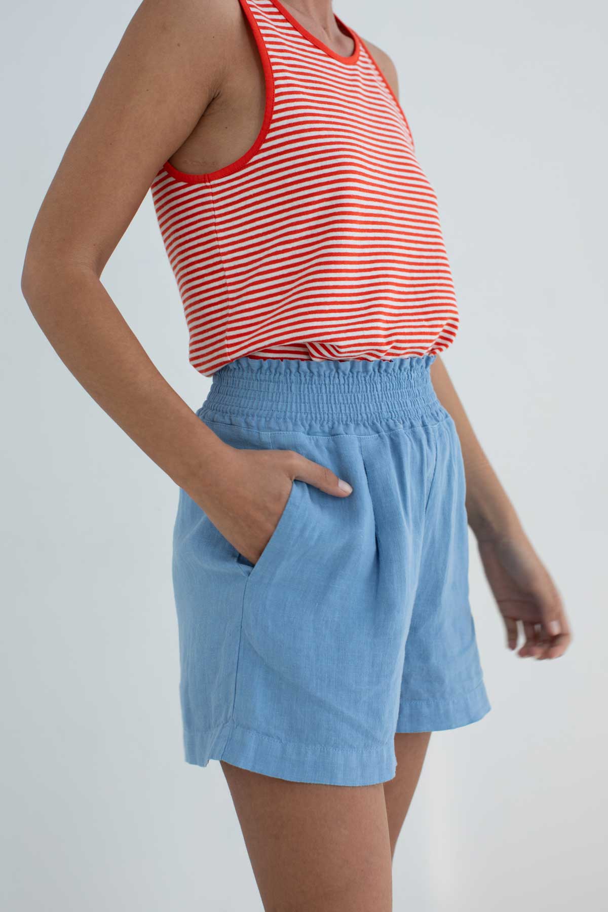 Light linen shorts denim blue women wear view side