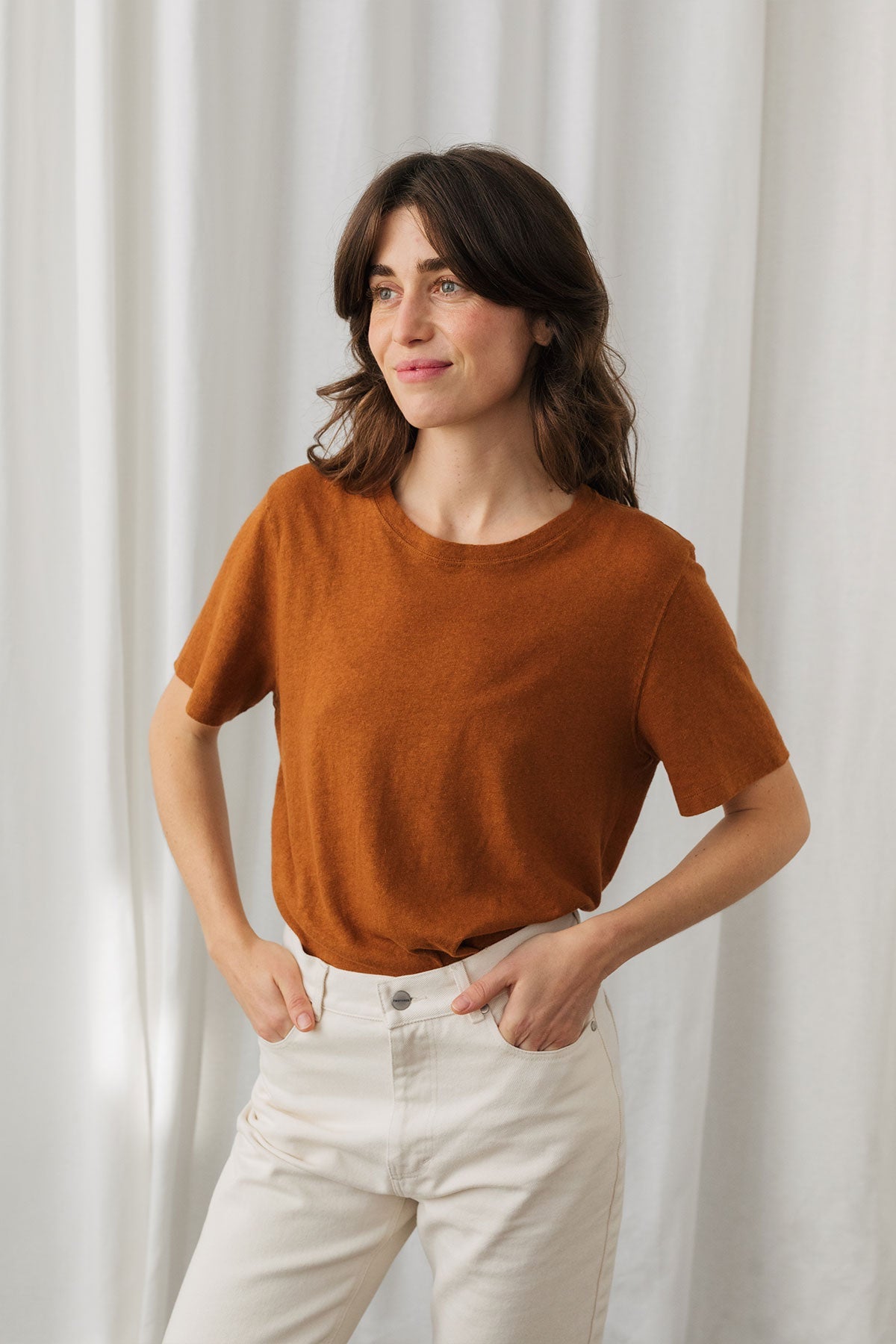 linen and organic cotton brown tee for women