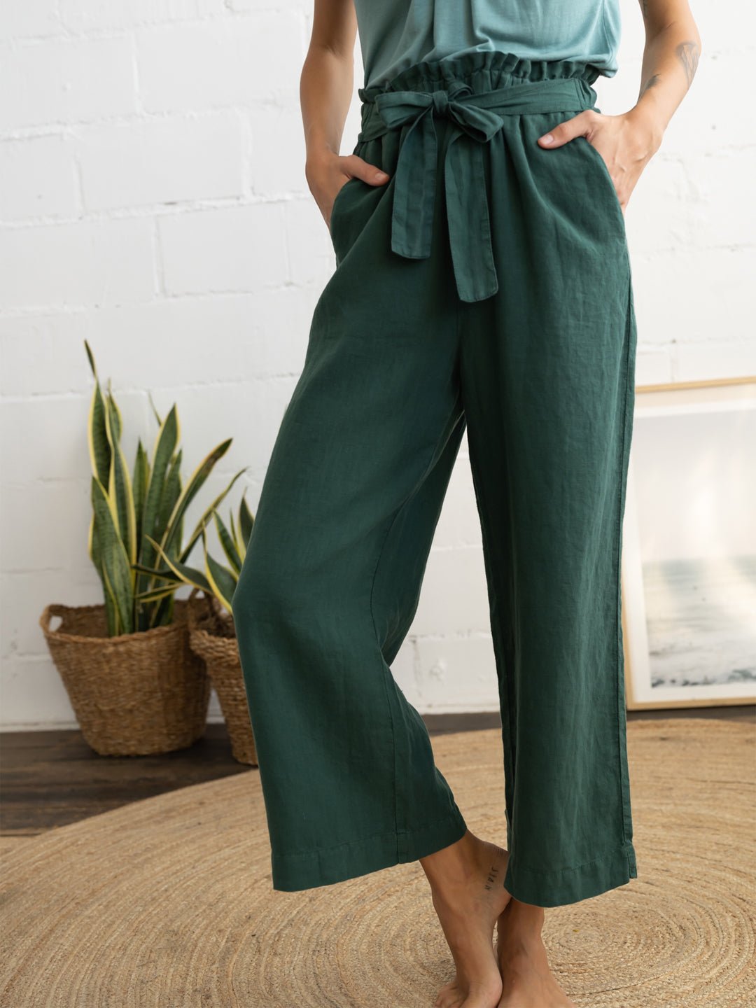 green linen pants