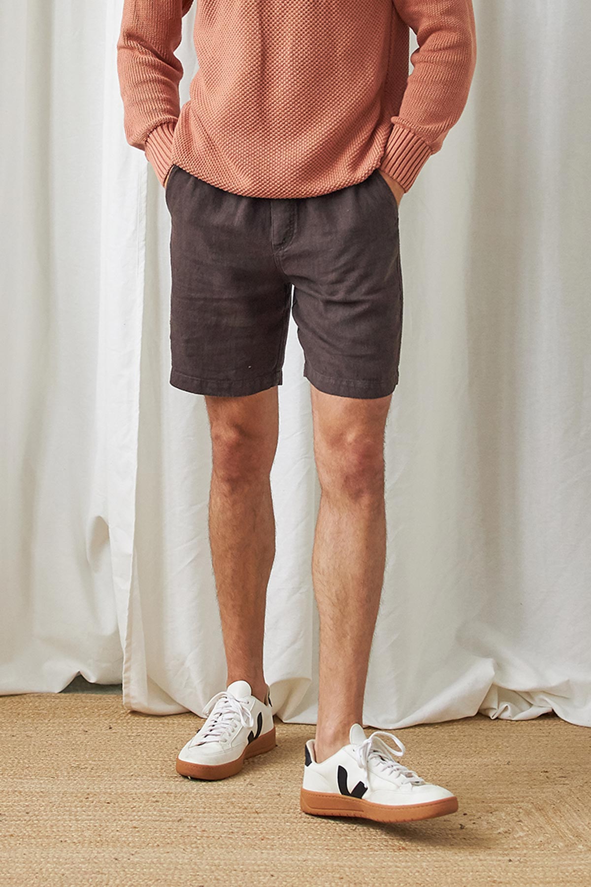 meta-preview, eco-friendly brown linen shorts