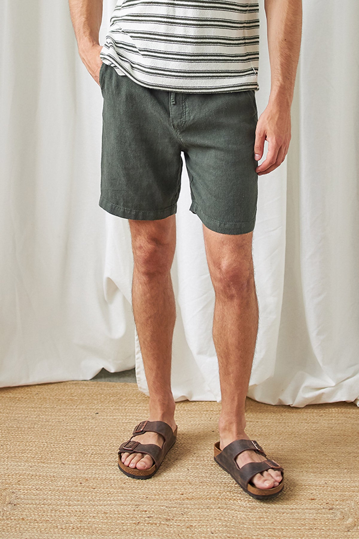 meta-hover, eco-friendly green linen shorts