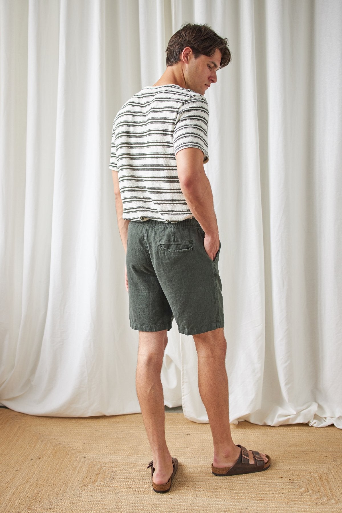 vegan green linen shorts