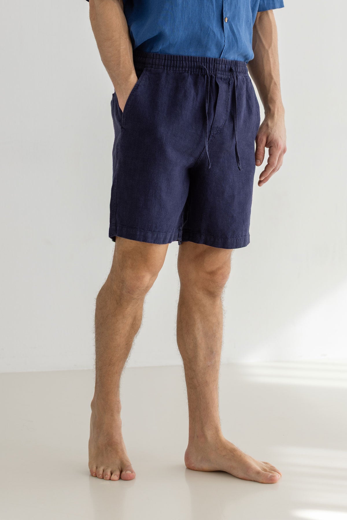Navy blue heavy linen shorts men wear view front
