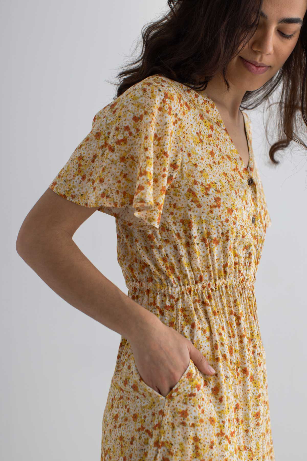 Golden flowers print dress women detail side