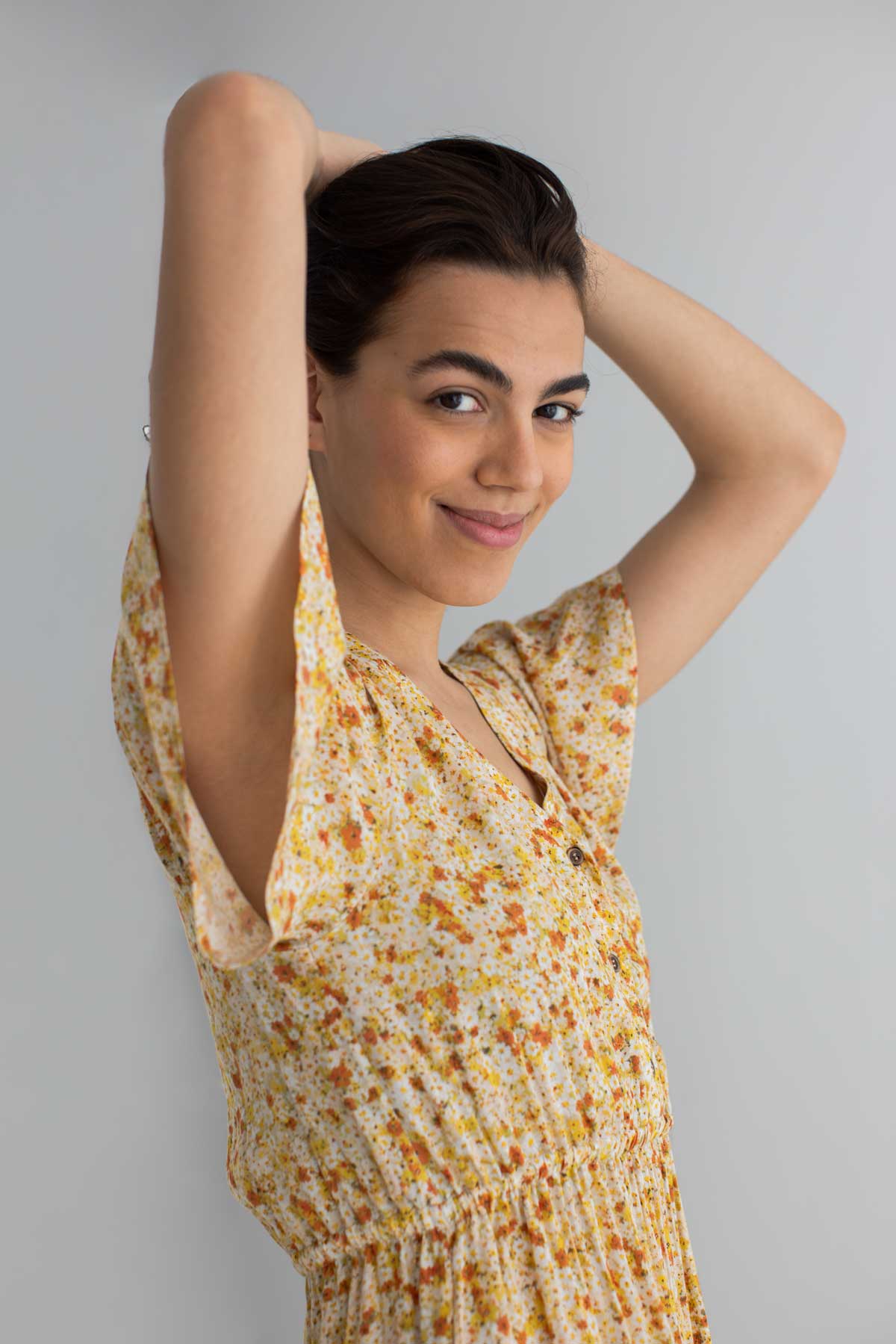 Golden flowers print dress women wear view front