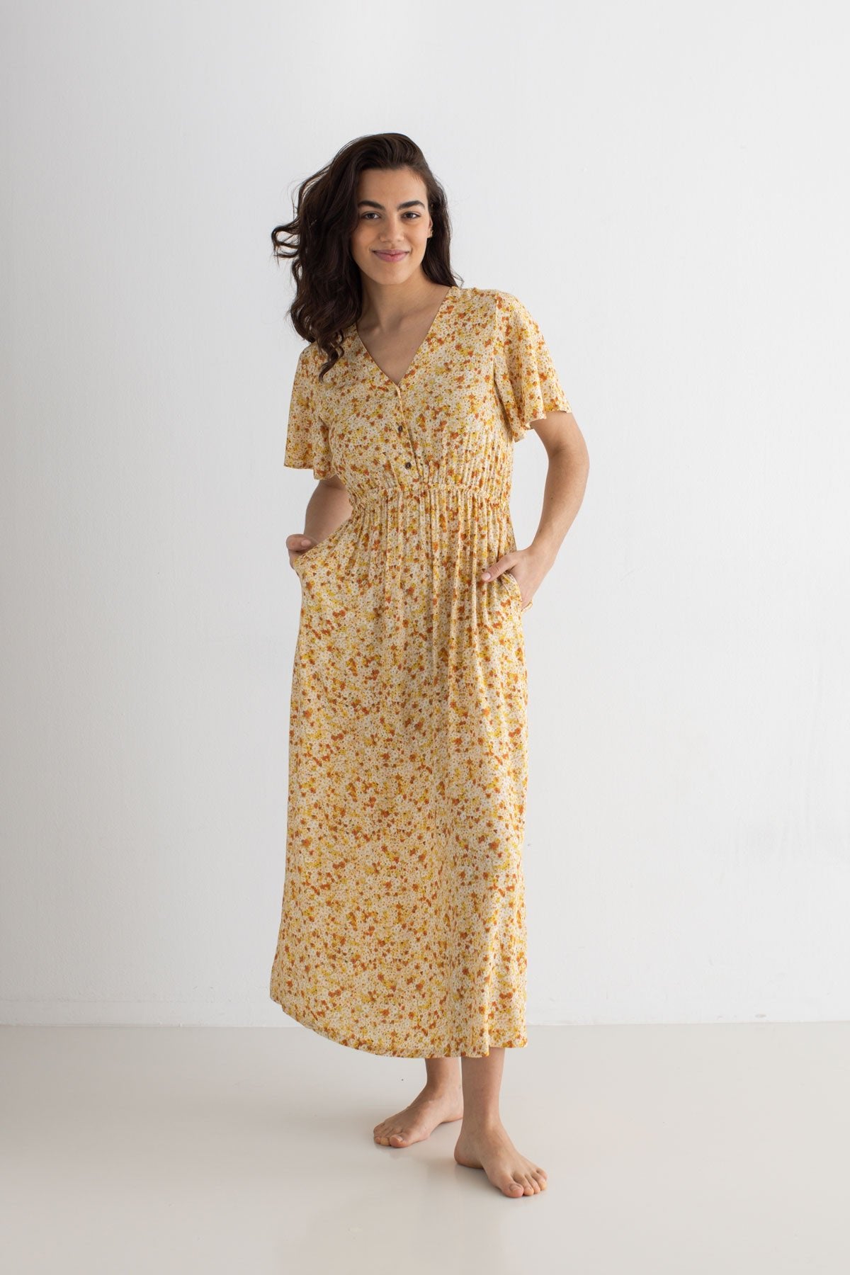 Golden flowers print dress women full body view front