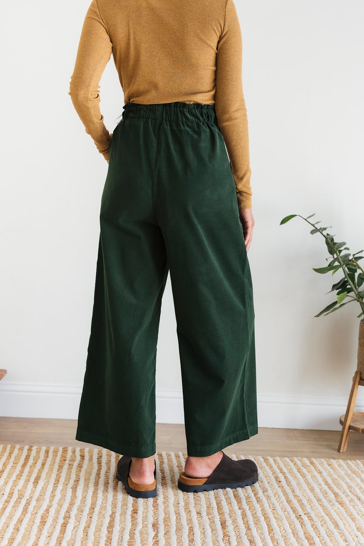 women green pants with flexible rubber back waistband