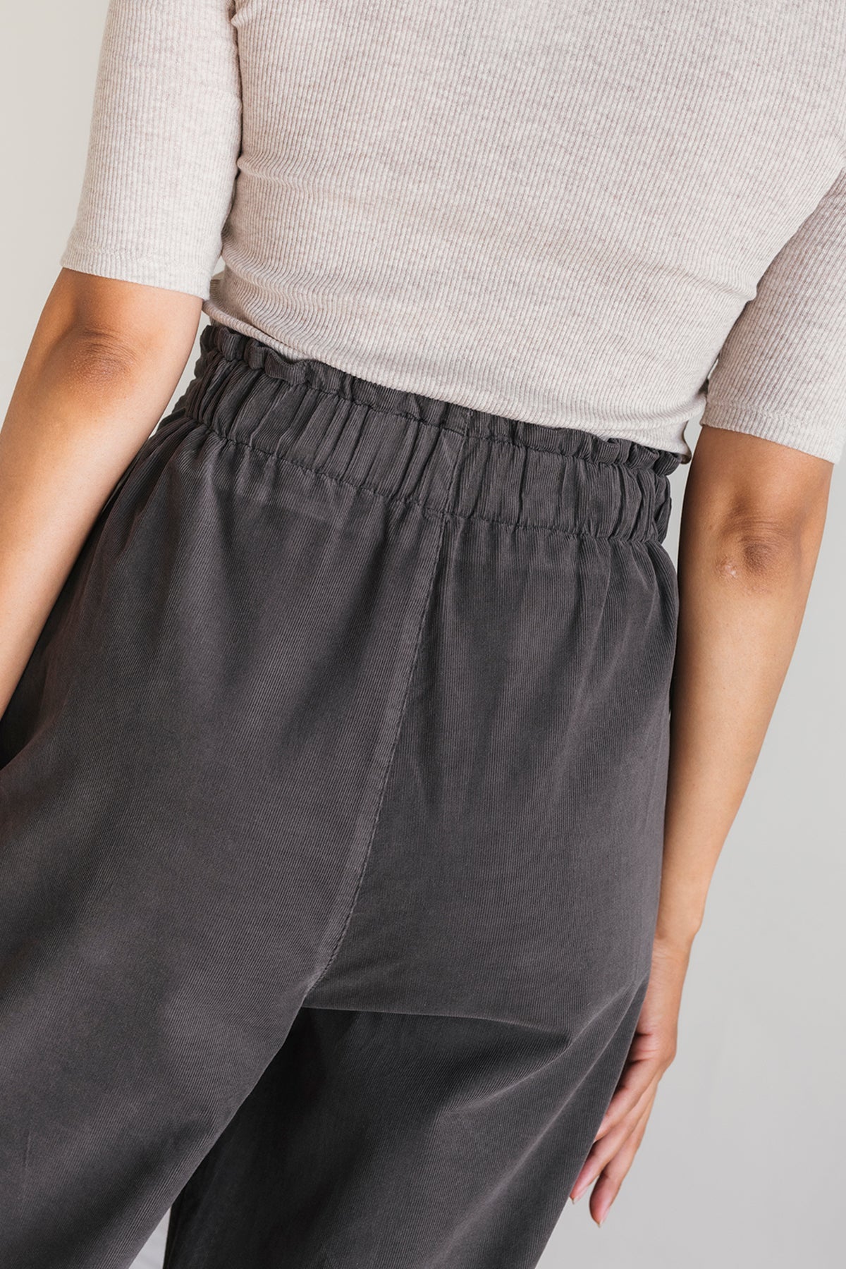women grey pants with flexible rubber back waistband