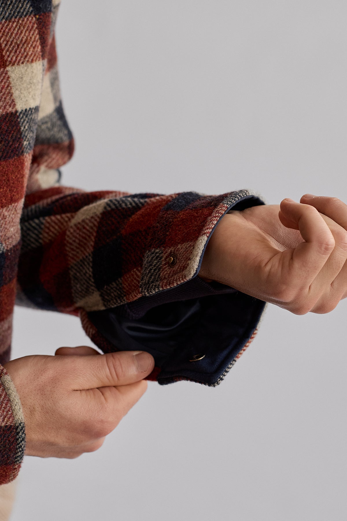 snap button sleeve jacket and recycled lining detail 