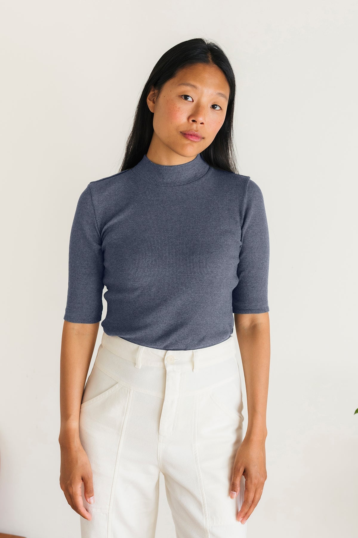 soft ribbed fabric blue top made from recycled materials