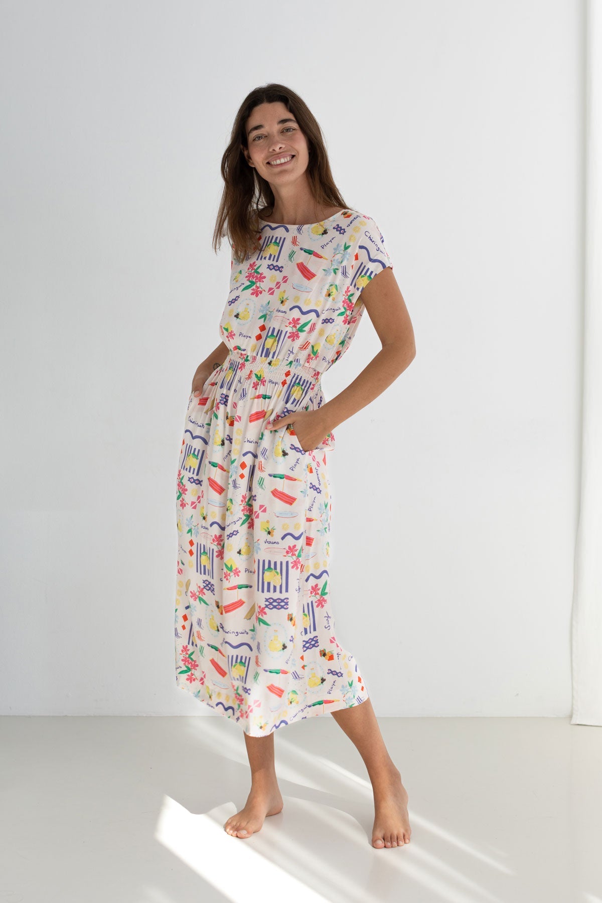 Patterned beige viscose dress women full body view front
