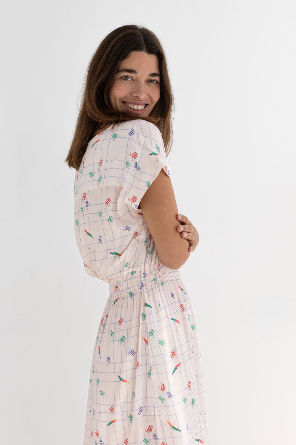 Patterned beige viscose dress women wear view side